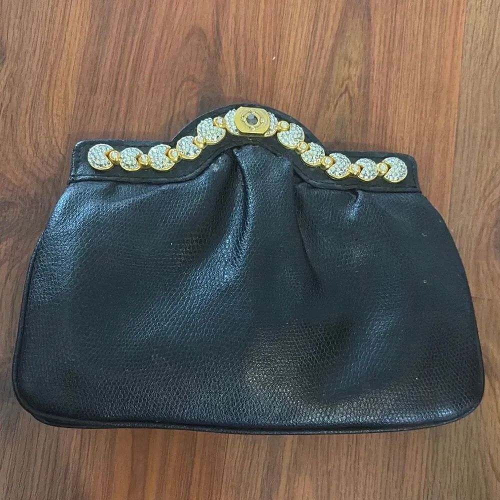 Richters Black leather vintage clutch with rhinestone detail